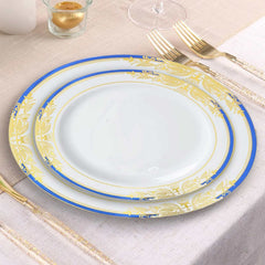 10-Pack Plastic 8" Round Dessert Plates in White with Royal Blue Rim - Stylish Gold Vine Design Disposable Salad/Appetizer Plates for Special Occasions & Celebrations
