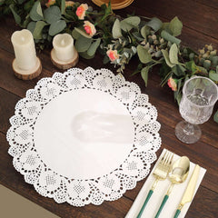 100 Pcs Paper 12" Round Placemats in White - Food Grade Lace Paper Doilies for Dessert Display & Table Decor