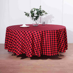 108" Black Red Buffalo Plaid Round Tablecloth, Checkered Gingham Polyester Tablecloth