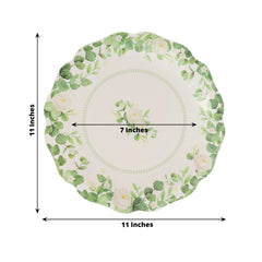 25-Pack Paper 11" Round Dinner Plates in White with Floral Greenery & Scalloped Edges - Disposable Party Plates for Nature-Inspired Events & Chic Celebrations