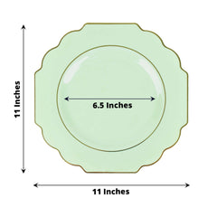 10-Pack Plastic Dinner Plates in Sage Green Baroque Design with Scalloped Gold Rim - Heavy Duty Disposable Party Plates 11"