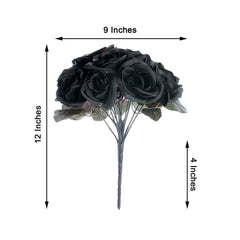12" Black Artificial Velvet-Like Fabric Rose Flower Bouquet Bush