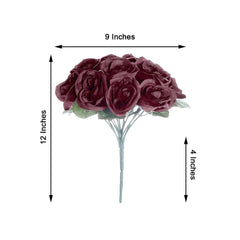 12" Burgundy Artificial Velvet-Like Fabric Rose Flower Bouquet Bush