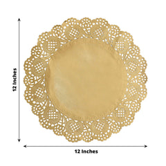 50 Pcs Paper 12" Round Placemats in Gold - Food Grade Lace Paper Doilies for Dessert Display & Table Decor