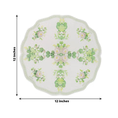 25-Pack Round Paper Cocktail Napkins with Floral Greenery and Scalloped Edge White - Disposable 2 Ply Beverage Napkins 12"
