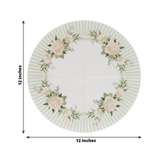 25-Pack Round Paper Cocktail Napkins with Floral Lined Pattern White/Sage Green - Disposable 2 Ply Beverage Napkins 12"