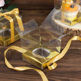12 Pack 3.5" Clear Metallic Gold Disposable Cupcake Boxes With Ribbon Tie, Plastic Wedding Favor Boxes