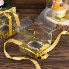 12 Pack 3.5" Clear Metallic Gold Disposable Cupcake Boxes With Ribbon Tie, Plastic Wedding Favor Boxes