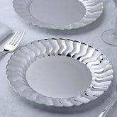 12-Pack Plastic Dinner Plates Silver Flared Rim - Durable Disposable Party Plates 9"