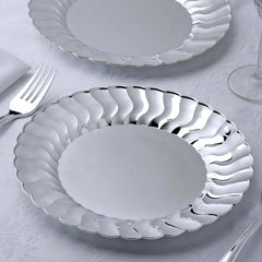 12-Pack Plastic Dinner Plates Silver Flared Rim - Durable Disposable Party Plates 9"