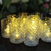 12-Pack LED Tealight Candle Holders Whiskey Glass Design Clear - Warm White Battery Operated Lights 3"