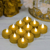 12-Pack LED Tealight Candles Glitter Gold Design - Flameless Battery Operated Tea Lights