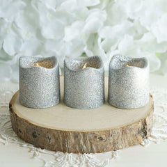 12-Pack LED Votive Candles Glittered Silver Design - Reusable Flameless Battery Operated Lights
