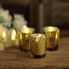 12-Pack Mercury Glass Candle Holders Gold with Speckled Design - Votive Tealight Holders 2"