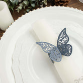 12-Pack Paper Napkin Rings Laser Cut Butterfly Navy Blue Shimmery - Decorative Serviette Holders
