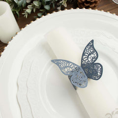 12-Pack Paper Napkin Rings Laser Cut Butterfly Navy Blue Shimmery - Decorative Serviette Holders