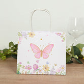 12 Pack Pink Glitter Butterfly Paper Favor Bags with Handles, Floral Print White Goodie Gift Bags - 6"x7"