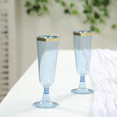 12-Pack Plastic Champagne Flutes Transparent Dusty Blue with Gold Rim - Stylish Disposable Cocktail Glasses for Parties 5oz 6"