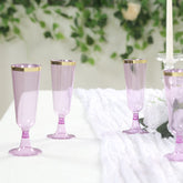 12-Pack Plastic Champagne Flutes Transparent Purpler with Gold Rim - Stylish Disposable Cocktail Glasses for Parties 5oz 6"