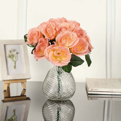 12" Peach Artificial Velvet-Like Fabric Rose Flower Bouquet Bush