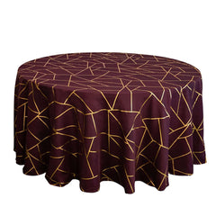 120" Burgundy Seamless Round Polyester Tablecloth With Gold Foil Geometric Pattern for 5 Foot Table With Floor-Length Drop