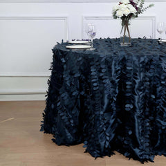 Taffeta 120" Round Tablecloth Navy Blue | 3D Leaf Petal Design Seamless Table Cover