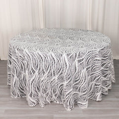 Sequin Mesh 120" Round Tablecloth White Black - Seamless Wave Embroidered Table Cover