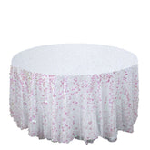 120" Iridescent Seamless Big Payette Sequin Round Tablecloth Collection for 5 Foot Table With Floor-Length Drop