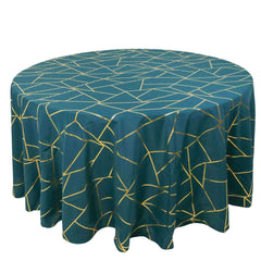 120" Peacock Teal Seamless Round Polyester Tablecloth With Gold Foil Geometric Pattern for 5 Foot Table With Floor-Length Drop