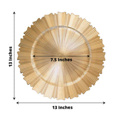 6-Pack Acrylic Plastic Round Charger Plates 13" in Metallic Gold with Sunray Scalloped Rim, Decorative Dinner Party Charger Tableware