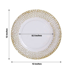 6-Pack Acrylic Round Charger Plates 13" in Clear with Gold Hammered Rim, Decorative Plastic Charger Tableware