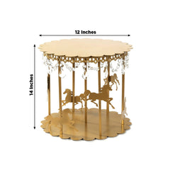 Metal Round Pedestal Cake Stand Gold Carousel Design with Hanging Acrylic Beads - Luxurious Dessert Display Centerpiece Holder for Cupcakes & Pastries 14"