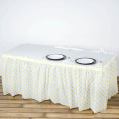 14ft 10 Mil White Yellow Polka Dots Pleated Plastic Table Skirts, Disposable Table Skirt Spill Proof