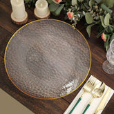 18 Pack Economy Plastic Round Charger Plates 13" in Clear Hammered Design with Gold Rim - Table Setting Plates