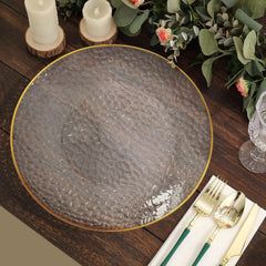 18 Pack Economy Plastic Round Charger Plates 13" in Clear Hammered Design with Gold Rim - Table Setting Plates
