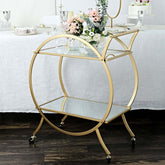 Gold Metal Bar Cart with Mirror Serving Tray 2-Tier - Round Teacart Island Trolley for Events 2.5ft