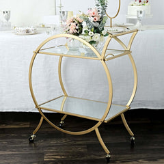 Gold Metal Bar Cart with Mirror Serving Tray 2-Tier - Round Teacart Island Trolley for Events 2.5ft