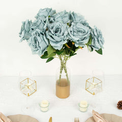 2 Bushes 17" Dusty Blue Premium Silk Jumbo Rose Flower Bouquet, High Quality Artificial Wedding Floral Arrangements