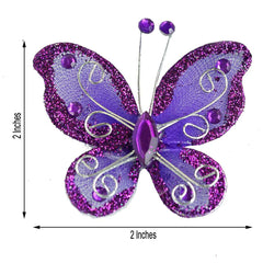 12 Pack 2" Purple Diamond Studded Wired Organza Butterflies