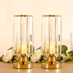 2 Pack 11" Crystal Pendant Hurricane Candle Holders in Gold, Elegant Cylinder Design for Pillar Candles, Short-Stemmed, Decorative Table Centerpieces