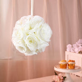 2 Pack 7" Cream Artificial Silk Rose Kissing Ball, Faux Flower Ball