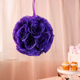 2 Pack 7" Purple Artificial Silk Rose Kissing Ball, Faux Flower Ball