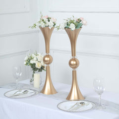 2-Pack Flower Vases Trumpet Design with Crystal Embellishments Gold - Reversible Plastic Table Centerpieces 21"