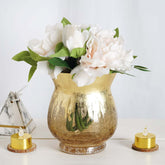 2-Pack Glass Hurricane Vases Bell Shaped Crackle Gold Curvy Design - Decorative Candle Holder Centerpieces 6"