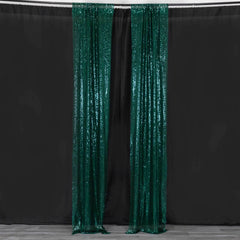 2 Pack Hunter Emerald Green Sequin Event Curtain Drapes with Rod Pockets, Seamless Backdrop Event Panels - 8ftx2ft