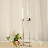 2-Pack Silver Metal Taper Candlestick Holders, Clear Glass Hurricane Candle Stands With Chimney Candle Shades 24"