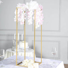 2-Pack Wedding Flower Stand Gold Metal Geometric Column Frame Rectangular - Versatile Floral Pedestal for Sophisticated Arrangements 32"