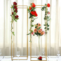 2-Pack Wedding Flower Stand Gold Metal Geometric Column Frame Rectangular - Versatile Floral Pedestal for Upscale Arrangements 48"