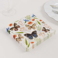 50-Pack Paper Beverage Napkins with Field Herbs and Butterfly Print Ivory - 2 Ply Disposable 18GSM Garden Party Napkins 5"x5"