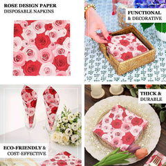 50-Pack Paper Beverage Napkins with Floral Design Red/Pink - 2 Ply Soft 18GSM Rose Garden Wedding Napkins 6.5"x6.5"